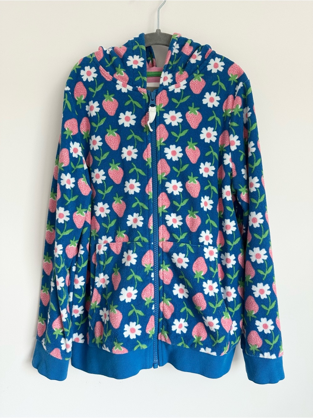 BODEN Girls' Blue Strawberry & Daisy Hooded Toweling Zip up Size 9-10y